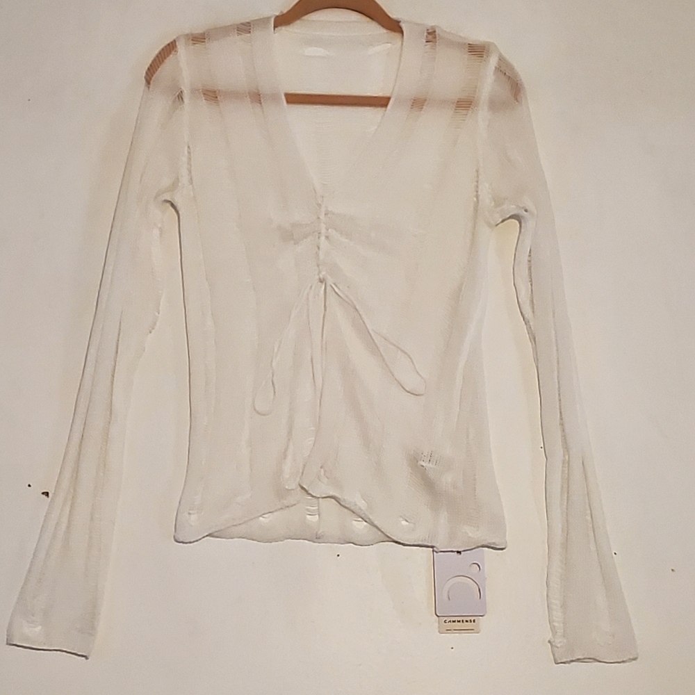 New Commense White Open Sheer Top Distressed Look Size‎ Small NWT